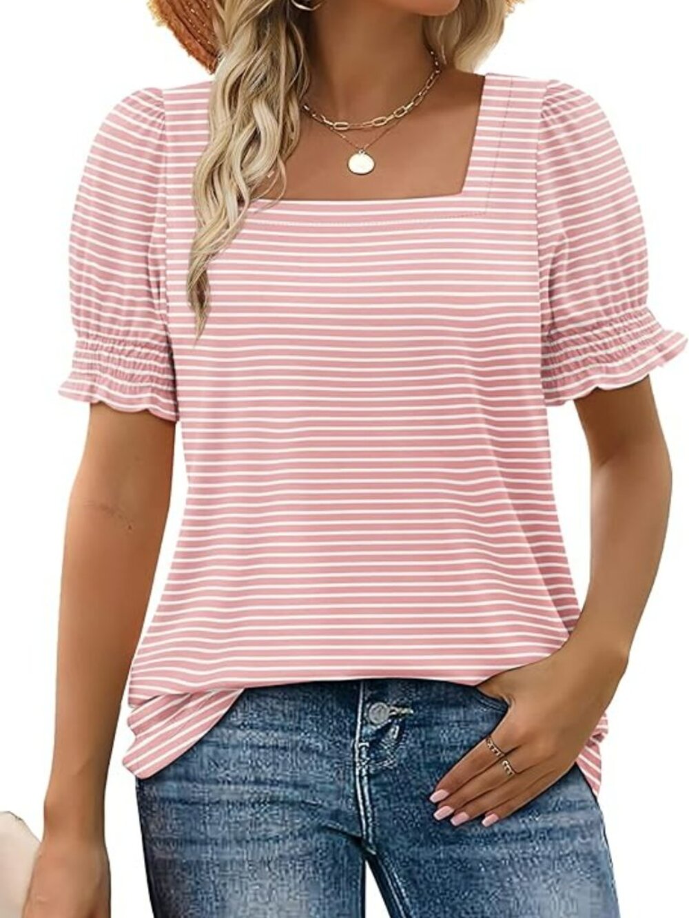 Summer Casual Chic T-Shirt with Ruffle Sleeves Square Neck Loose Fit